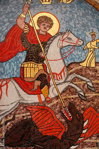 Mosaic in Saint George coptic orthodox church : Saint George slaying the dragon photo