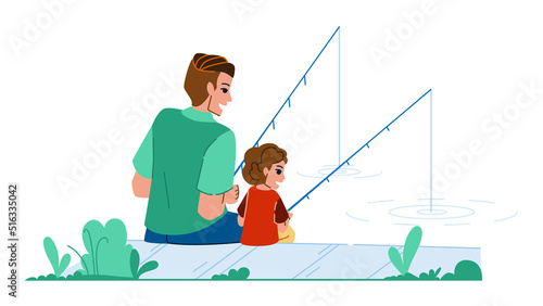 father son fishing vector. family lake child dad, summer kid river, water rod father son fishing character. people flat cartoon illustration