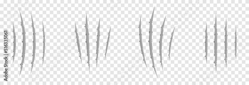 Vector scratches from the claws of the animal PNG. Set of various scratches on an isolated transparent background. Gray scratches PNG. Animal claws.