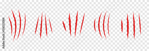 Vector scratches from the claws of the animal PNG. Set of various scratches on an isolated transparent background. Red scratches PNG. Animal claws.