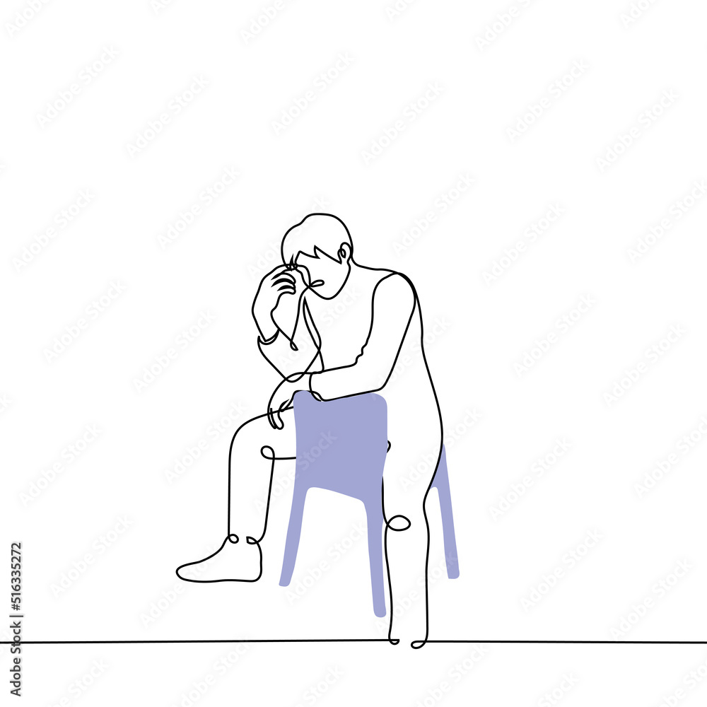 man sits on a chair incorrectly with his hands resting on the back of the chair - one line drawing vector. concept informal sitting posture