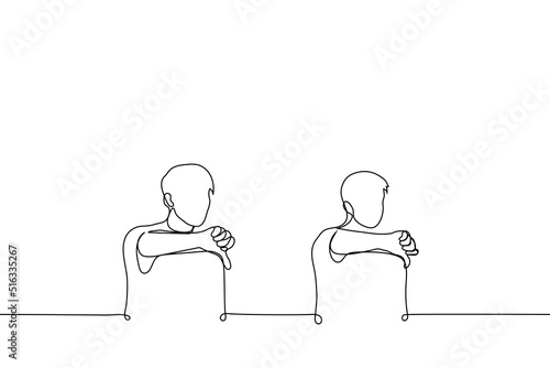two men sitting separately from each other put their thumbs down - one line drawing vector. dislike concept, downvote, cancel culture