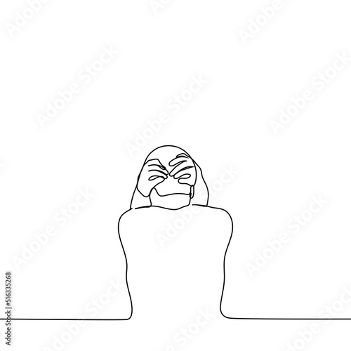man stands with his back to the viewer and clutched his head and cringed - one line drawing vector. concept to hide despair, grief, misfortune, horror and moral pain