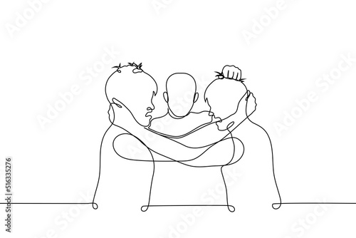 men grabbed each other and the third grabbed them both by the hair - one line drawing vector. the concept of a fight, break up a fight, punish behavior