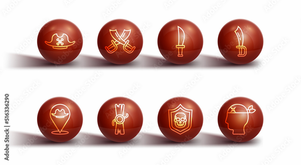 Set line Pirate hat, Location pirate, sword, Shield with skull, Decree, parchment, scroll, Crossed swords, captain and icon. Vector Set line Pirate hat, Location pirate, sword, Shield with skull, Decree, parchment, scroll, Crossed swords, captain and icon. Vector