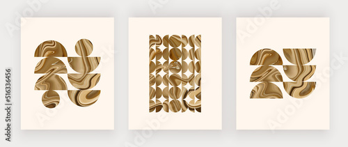 Gold mid century wall art prints with geometric liquid texture shapes
