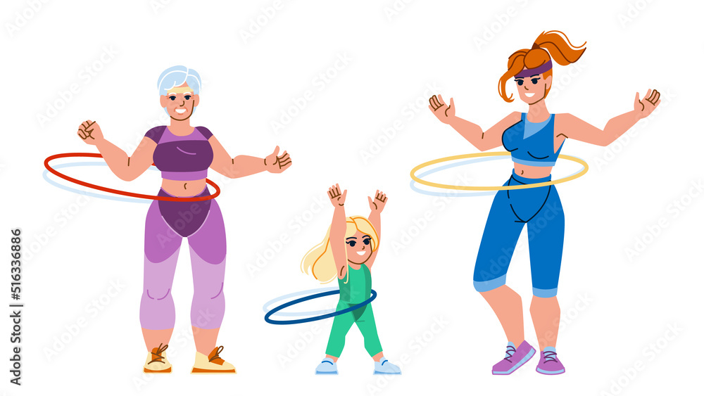 hoola hoop vector. hula ring woman girl, sport family, park fitness hoola hoop character. people flat cartoon illustration