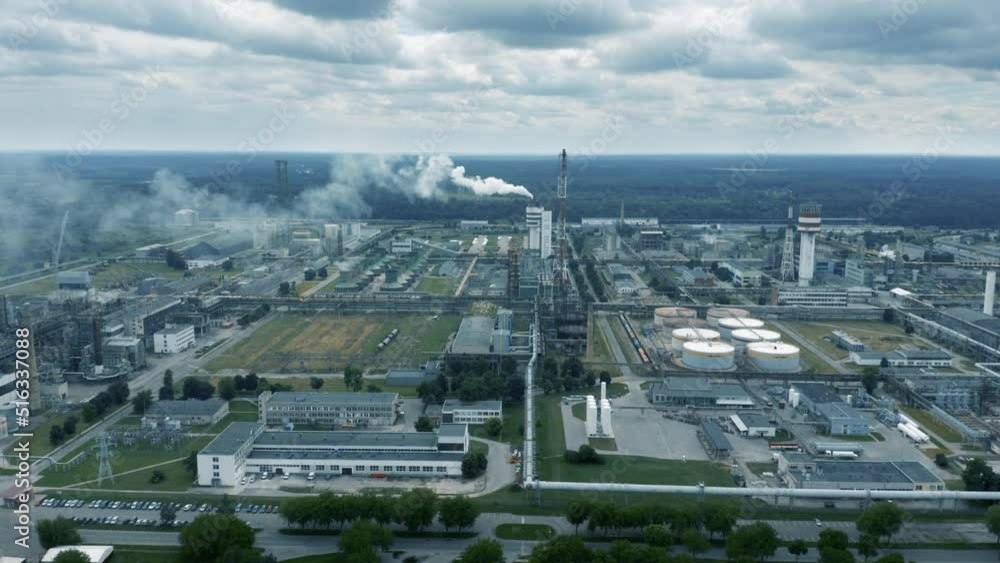 Rusty Old Working Factory, Huge Area, Smoke and Air Pollution, Smokestacks, Heavy Industry, Exterior, Aerial View Rusty Old Working Factory, Huge Area, Smoke and Air Pollution, Smokestacks, Heavy Industry, Exterior, Aerial View