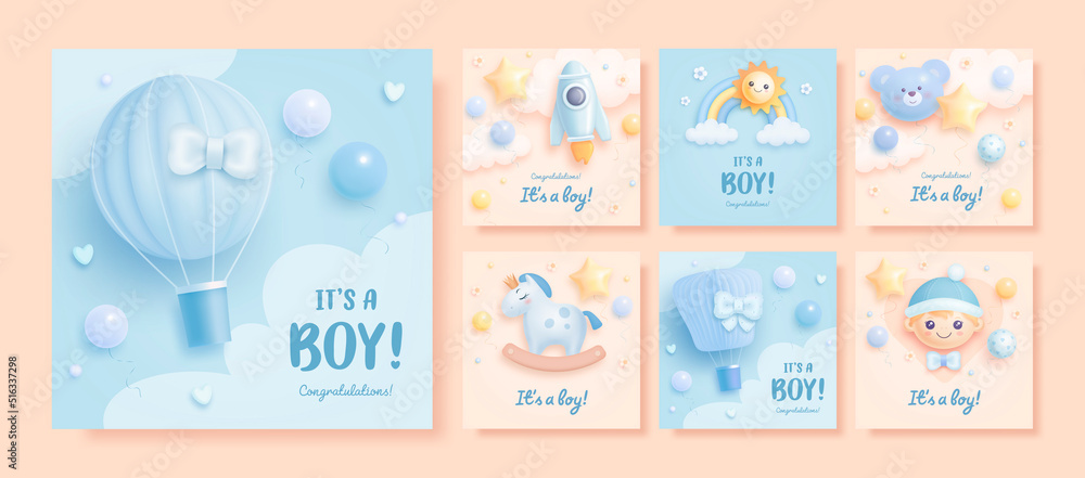 Set of baby shower invitation with cartoon boy, horse, hot air balloon, rocket, helium balloons on blue and beige background. It's a boy. Vector illustration Set of baby shower invitation with cartoon boy, horse, hot air balloon, rocket, helium balloons on blue and beige background. It's a boy. Vector illustration