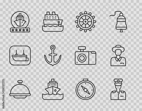 Set line Covered with tray, Captain of ship, Ship steering wheel, Cruise, Anchor, Compass and Tourist icon. Vector