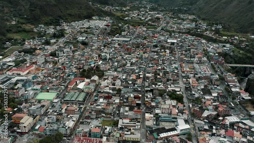 Baños de Agua Santa Town Nestled At The Base Of Tungurahua Volcano In Ecuador. Aerial Drone Shot