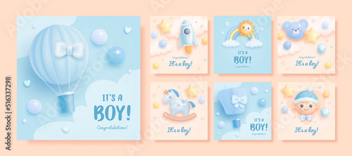 Set of baby shower invitation with cartoon boy, horse, hot air balloon, rocket, helium balloons on blue and beige background. It's a boy. Vector illustration
