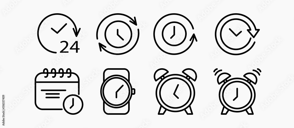 Time and clock line icons. Set of vector linear icons. Time - minimal thin line web icon set. Simple vector illustration. Time and clock line icons. Set of vector linear icons. Time - minimal thin line web icon set. Simple vector illustration.