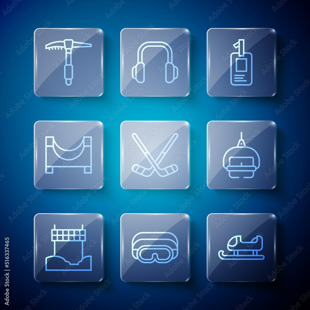 Set line Ribbon in finishing line, Ski goggles, Sled, Identification badge, Ice hockey sticks, Skate park, axe and lift icon. Vector Set line Ribbon in finishing line, Ski goggles, Sled, Identification badge, Ice hockey sticks, Skate park, axe and lift icon. Vector