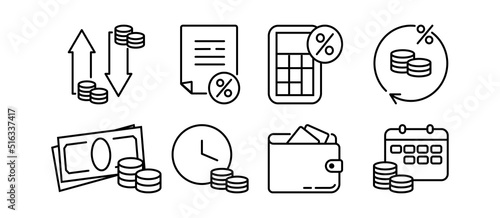 Simple set of vector icons. The set includes such icons as: money exchange, credit agreement, percentage of sale, saving money with interest, money, payday, wallet. Set of eight icons