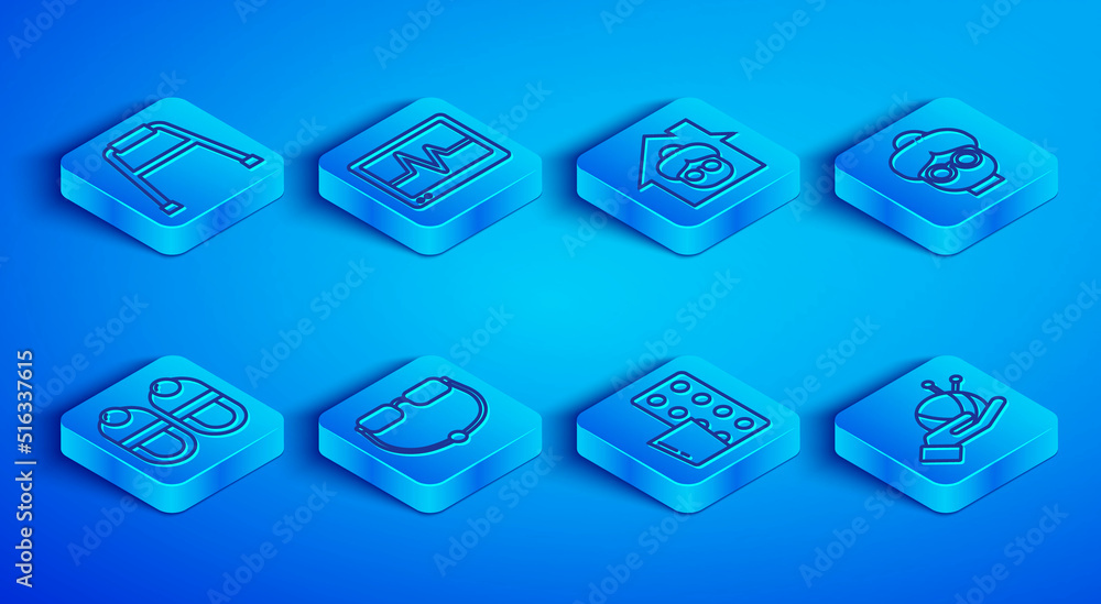 Set line Walker, Monitor with cardiogram, Nursing home, Eyeglasses, Pills blister pack, Grandmother, Slippers and Yarn ball knitting needles icon. Vector Set line Walker, Monitor with cardiogram, Nursing home, Eyeglasses, Pills blister pack, Grandmother, Slippers and Yarn ball knitting needles icon. Vector