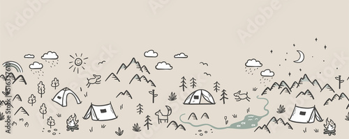 Foto Cute hand drawn vector seamless pattern with camping doodles, tents, landscape a