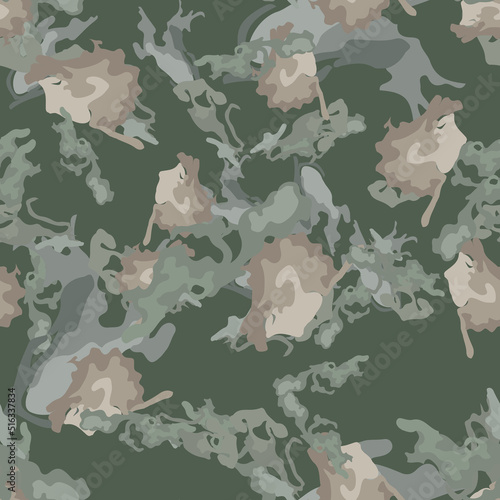 Forest camouflage of various shades of green, brown and beige colors