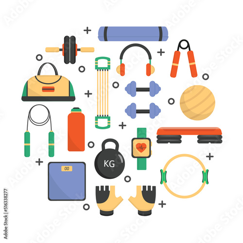Set of sport equipment, fitness accessories. Sport icons.