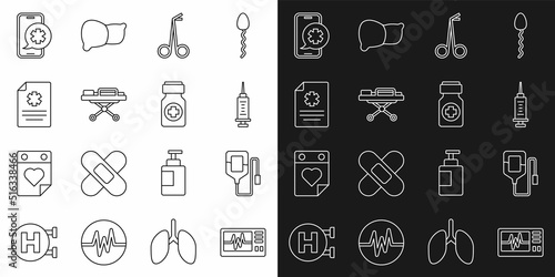 Set line Monitor with cardiogram, IV bag, Syringe, Medical scissors, Stretcher, Clinical record, Emergency phone call and Medicine bottle and pills icon. Vector
