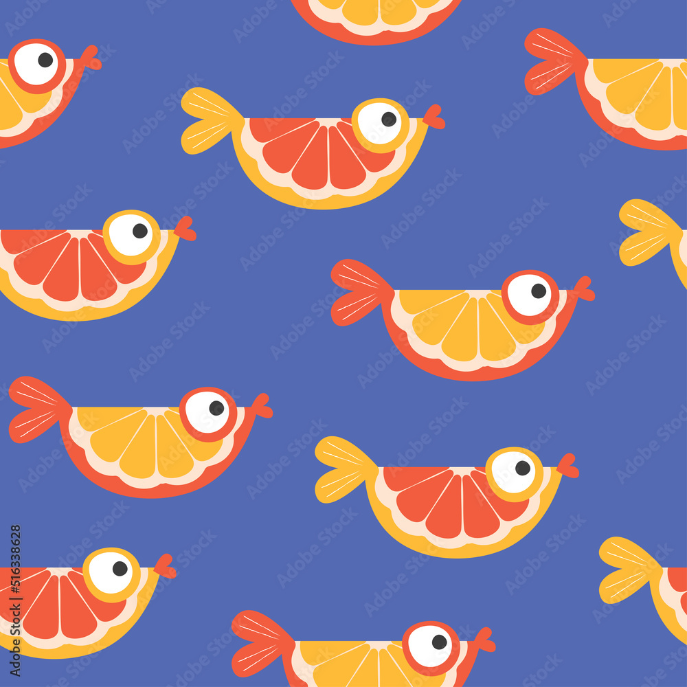 Colorful seamless pattern with orange slices and cute orange fish. Vector illustration.
