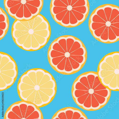 Colorful seamless pattern with orange and grapefruit slices. Vector illustration.