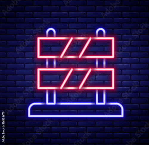 Glowing neon line End of railway tracks icon isolated on brick wall background. Stop sign. Railroad buffer end to destination. Colorful outline concept. Vector