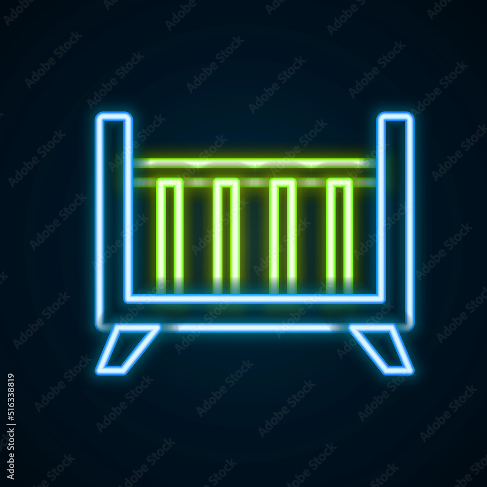 Glowing neon line Baby crib cradle bed icon isolated on black background. Colorful outline concept. Vector Glowing neon line Baby crib cradle bed icon isolated on black background. Colorful outline concept. Vector