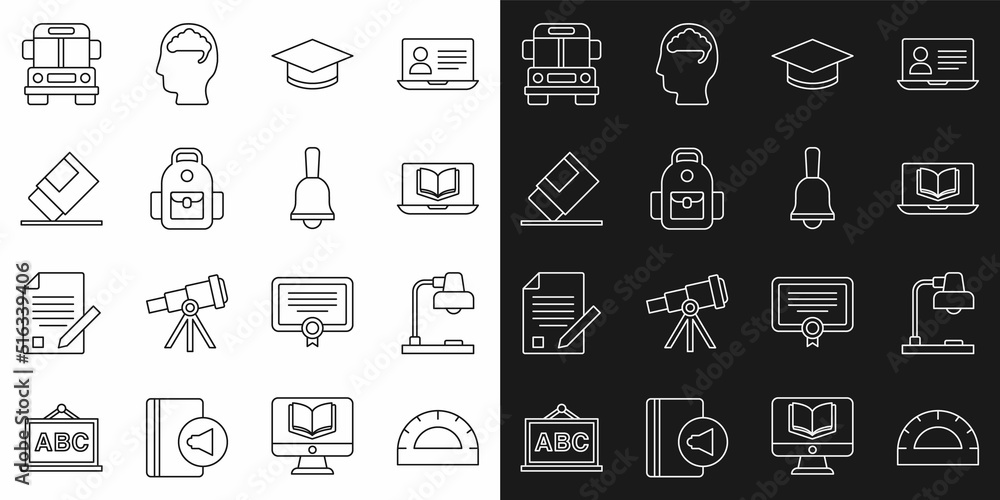 Set line Protractor grid, Table lamp, Online class, Graduation cap, School backpack, Eraser rubber, Bus and Ringing bell icon. Vector