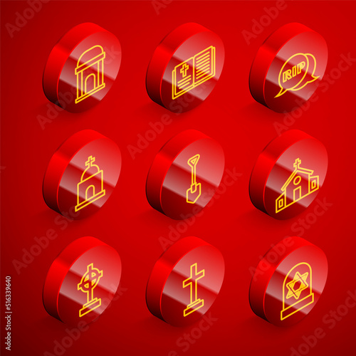 Set line Old crypt, Holy bible book, Speech bubble rip death, Shovel, Church building, Grave with cross and icon. Vector