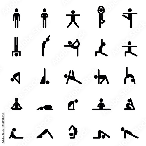 Set of icons doing yoga exercises. Stretching and relaxing in many different yoga poses. Black shapes of person isolated on white background. Yoga complex.