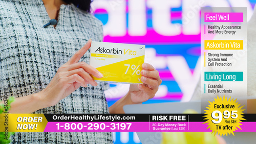TV Show Product Infomercial: Professional Picks Up Presents Package with Health Care Medical Vitamin Supplements. Showcasing Beauty Dietary Products. Playback Television Commercial Advertisement