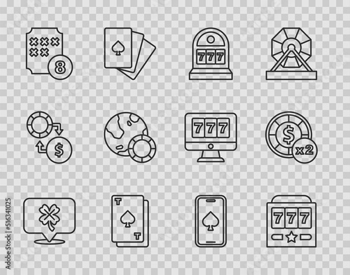 Set line Casino slot machine with clover, Slot jackpot, Playing card spades, Lottery ball on bingo, chips, Online poker table game and icon. Vector