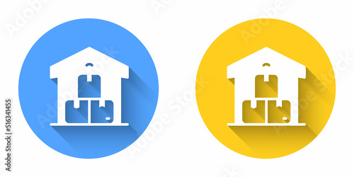 White Full warehouse icon isolated with long shadow background. Circle button. Vector