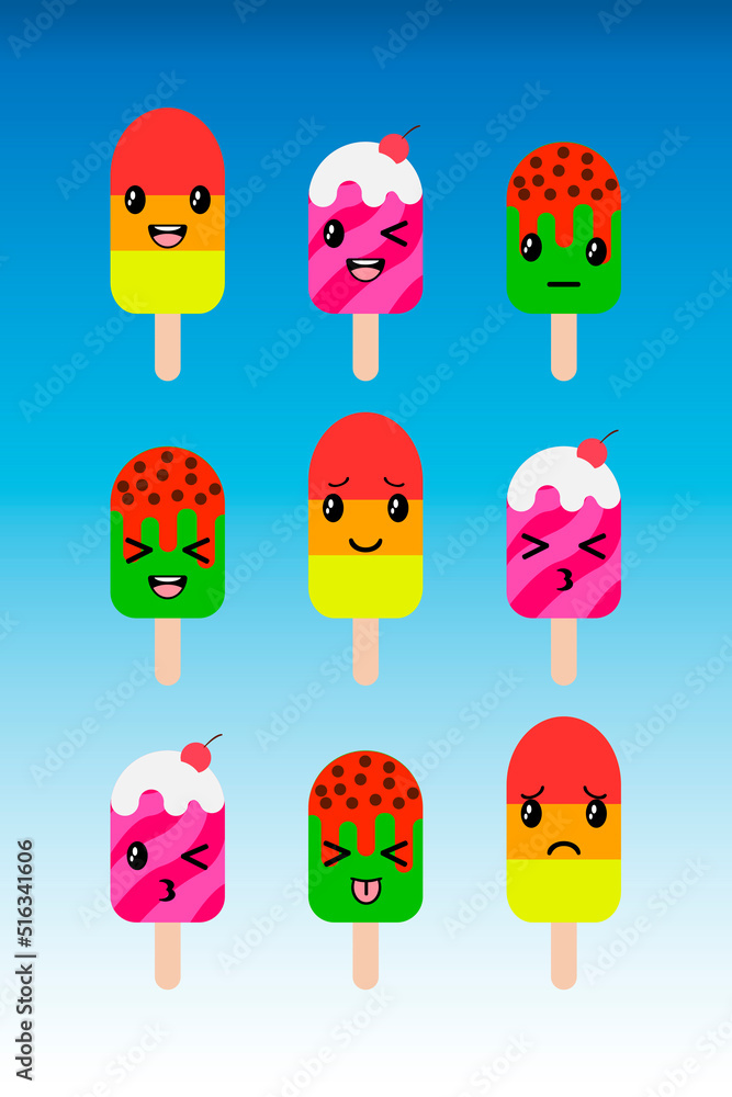 Cartoon set of ice cream emoji with kawaii eyes.Sweet summer delicacy