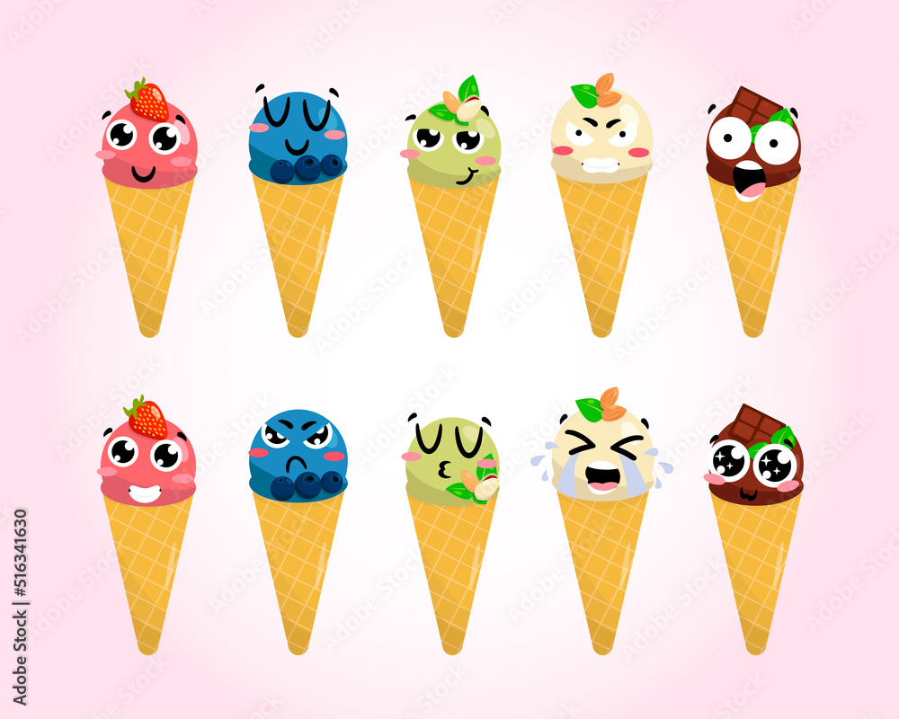 Cartoon drawing set of ice cream emoji with kawaii eyes. Ice cream