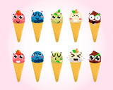 Cartoon drawing set of ice cream emoji with kawaii eyes. Ice cream cones set. Set of cartoon icons. Ice cream waffle cones. Various favorites and colors. Vector illustration for web, design, print