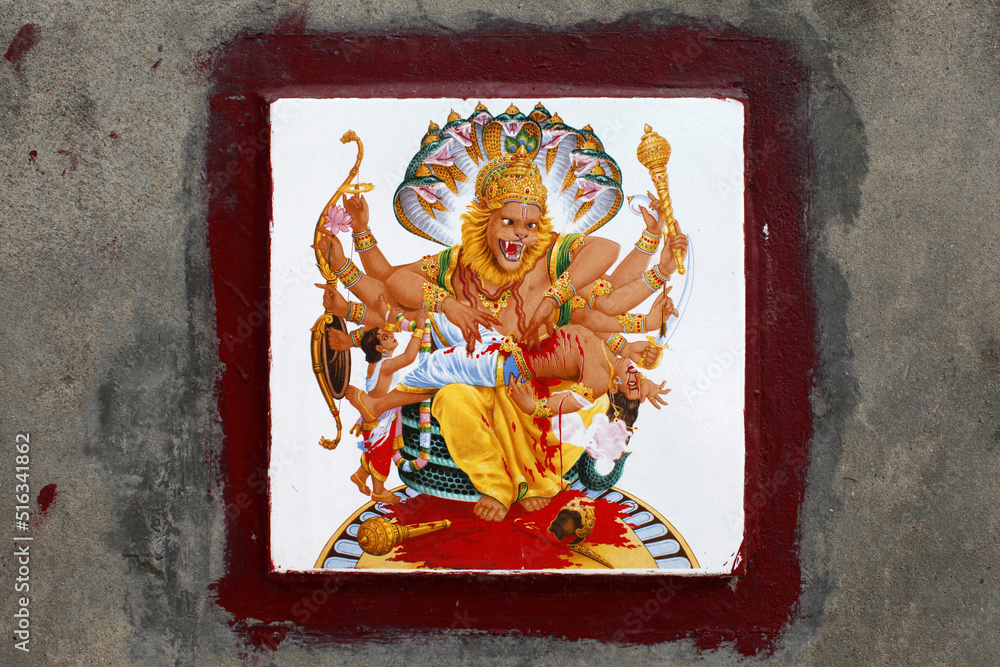 Mosaic on a bathing ghat depicting Nara Simha (avatar of Vishnu) killing Hiranyakashipu on his lap and on his left Prahlad is watching. 