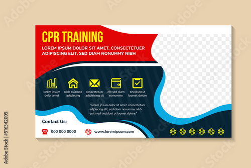 CPR training horizontal banner post template design with an image and text placement, professional eye catchy colorful design. Standard for web banners and social media, vector square