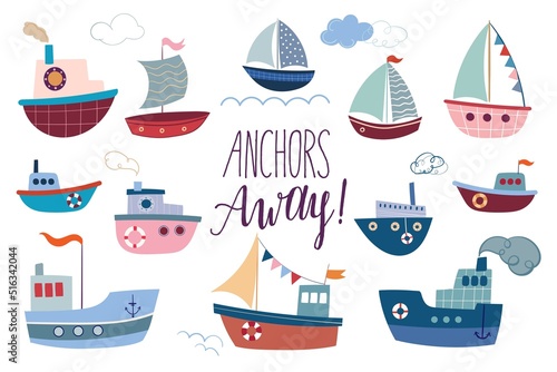 Murais de parede Ships and boats collection vector illustration, different elements doodle style