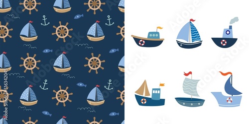 Nautical summer set with seamless pattern, wallpaper and boats set isolated on white