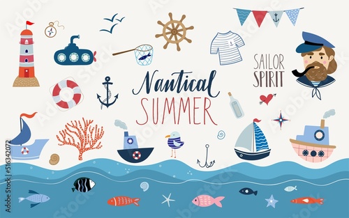 Wallpaper Mural Nautical elements collection, summer vibes, doodle style