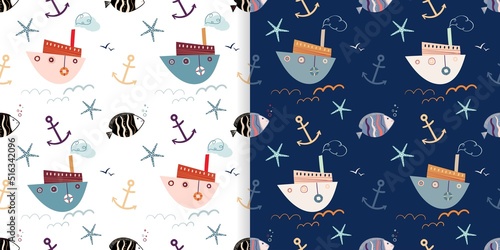 Nautical seamless patterns set with cute boats, fish and anchors, doodle style, decorative summer wallpapers, backgrounds