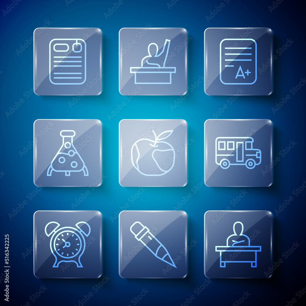 Set line Alarm clock, Pencil with eraser, Schoolboy sitting at desk, Exam sheet plus grade, Apple, Test tube and flask, Dossier folder and Bus icon. Vector Set line Alarm clock, Pencil with eraser, Schoolboy sitting at desk, Exam sheet plus grade, Apple, Test tube and flask, Dossier folder and Bus icon. Vector