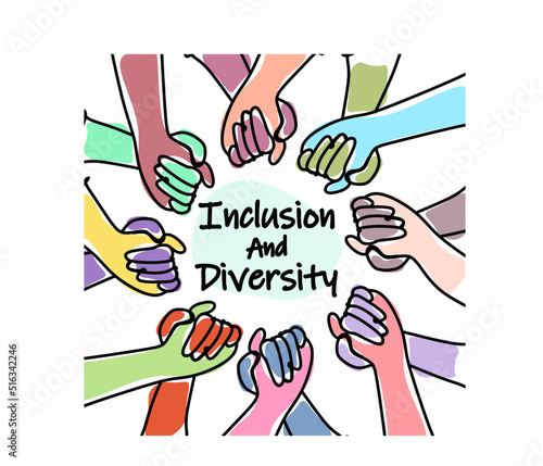Inclusion and diversity concept. Multinational Diverse Hands Holding Each Other Around Inclusion and Diversity Lettering