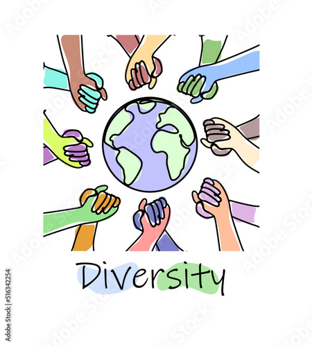 Inclusion and diversity concept. Multiethnic diverse hands hold each other around the earth.