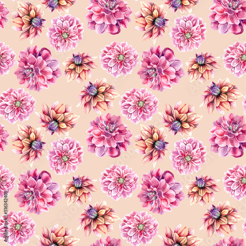 Watercolor seamless pattern with autumn dahlia flowers bouquets. Purple dahlia flowers repeat.