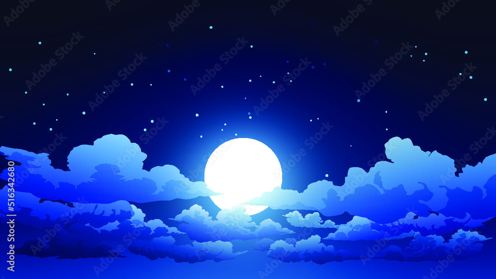 full moon and clouds in starry sky