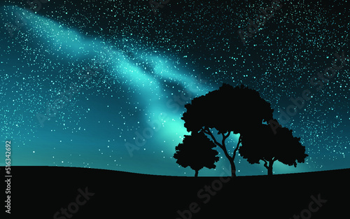 silhouette of trees and milky way illustration