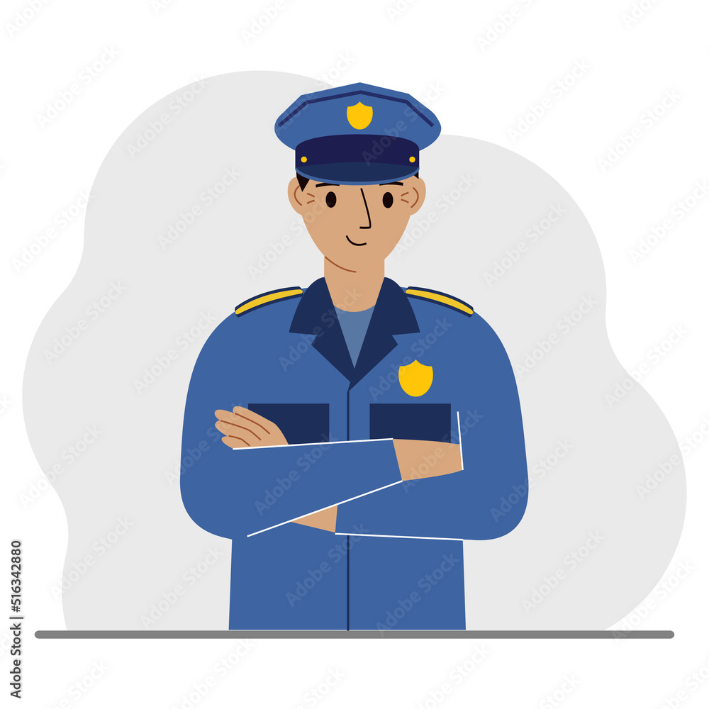 Police man. Profession policeman, security guard, patrolman in uniform. Police man. Profession policeman, security guard, patrolman in uniform.